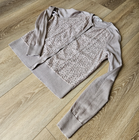 Women's Tan Khaki Brown Front Lace Button Up Dressy Cardigan Sweater Medium - Picture 4 of 13